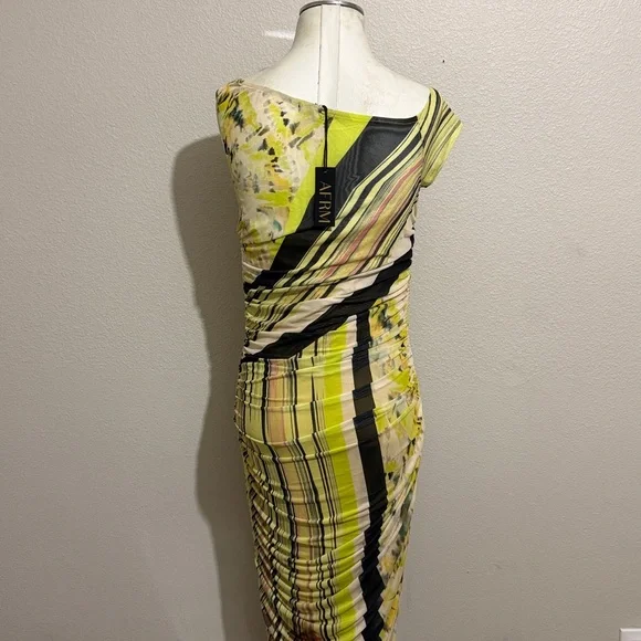 AFRM Biona Striped Ankle Length Bodycon Dress Asymmetrical Neck Ruched Mesh - Picture 7 of 10